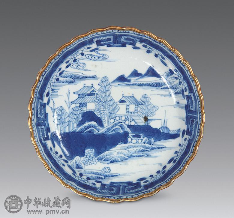 清乾隆 青花亭台楼阁纹花口盘