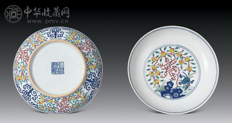 清乾隆 斗彩桃枝搭寿字盘(1对)