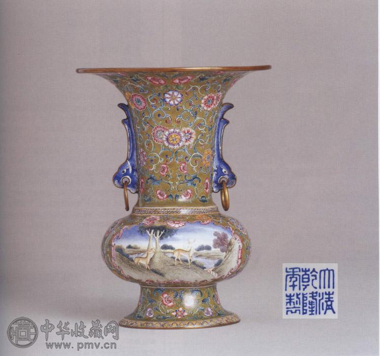 清乾隆 铜胎画珐琅双鹿图花觚