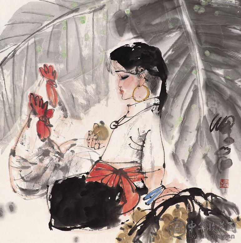 梁岩 岭南少女 镜心 设色纸本