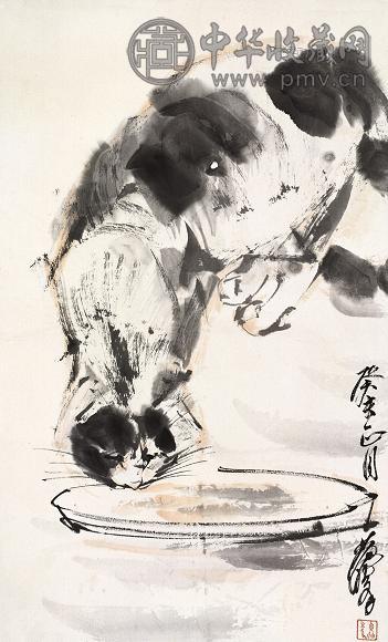 黄胄 1983年作 猫饮图 立轴 设色纸本