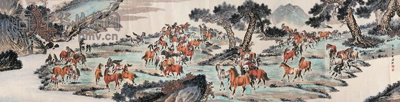 溥佐 百骏图 立轴 设色纸本