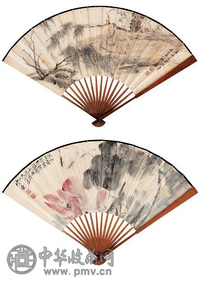 张大千 唐云 1949年作 人物 荷 成扇 设色纸本