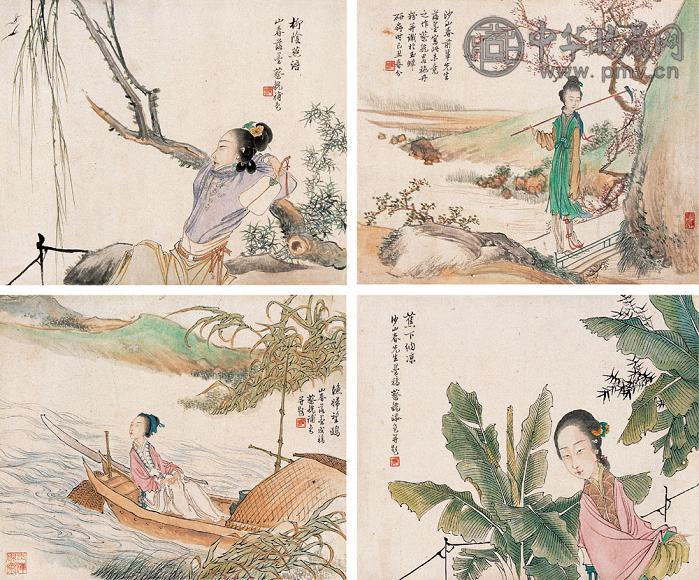 沙馥 等 1889年作 人物 四屏 设色纸本