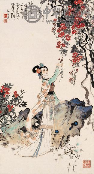 顾炳鑫 1981年作 摘花图 立轴 设色纸本