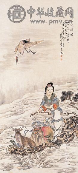 钱慧安 1908年作 麻姑进酿 立轴 设色纸本