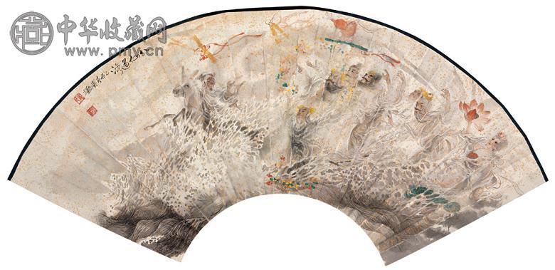 裘国骥 1985年作 八仙过海 扇面 设色纸本