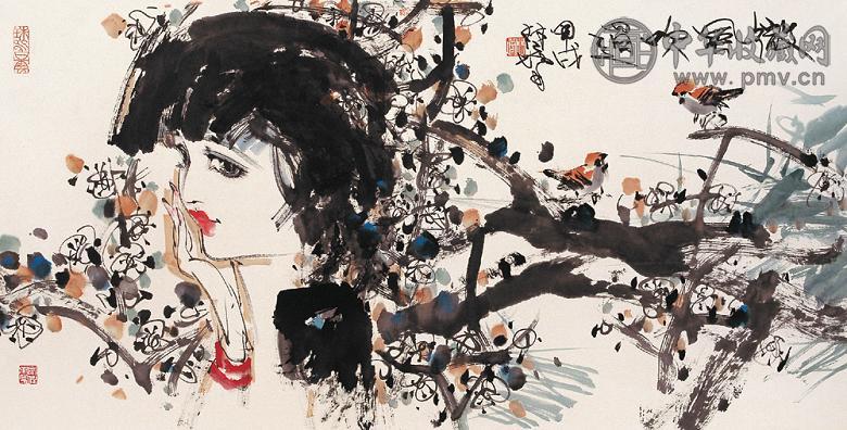 林墉 1994年作 少女梅花 镜心 设色纸本