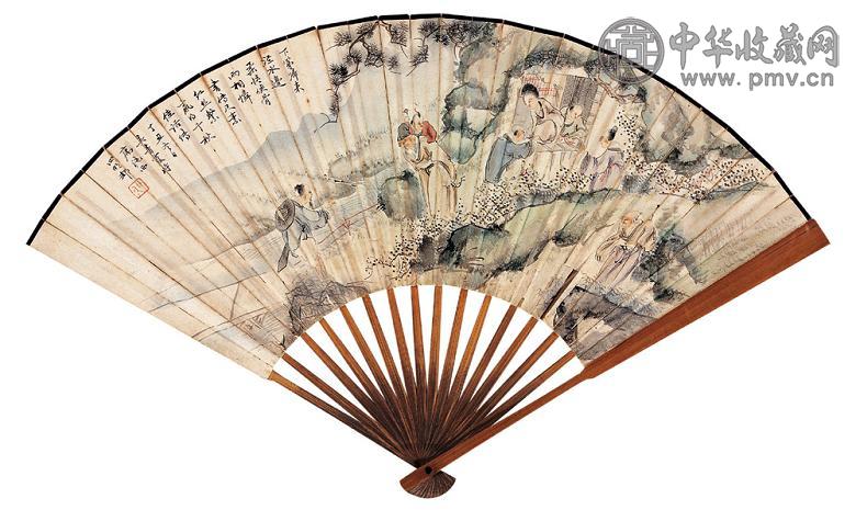 吴青霞 马骧 1997年作 人物 书法 成扇 设色纸本