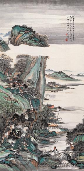 汪琨 青绿山水 立轴 设色纸本