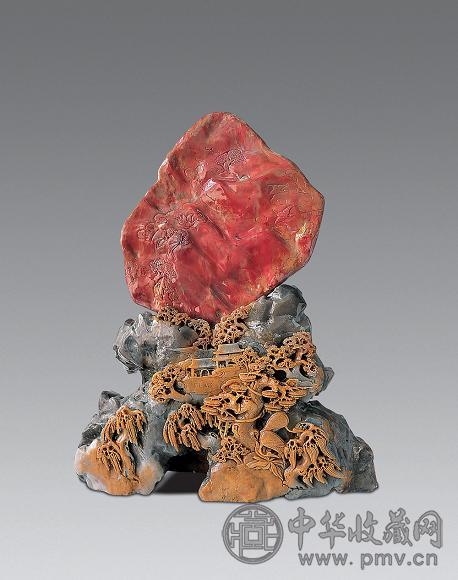 现代 迎客松鸡血摆件