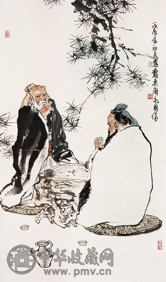 毛国伦 对奕图 立轴 设色纸本