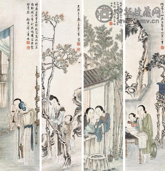 费以群 工笔仕女 四屏 设色纸本