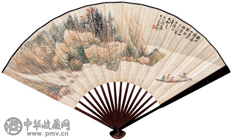 吴穀祥 秋水野航 成扇 设色纸本