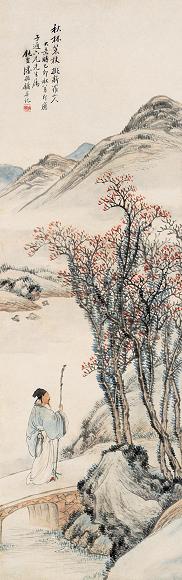 潘振镛 1915年作 山水人物 立轴 设色纸本