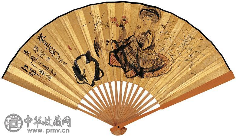 程十发 1973年作 少女大吉图 成扇 设色金笺