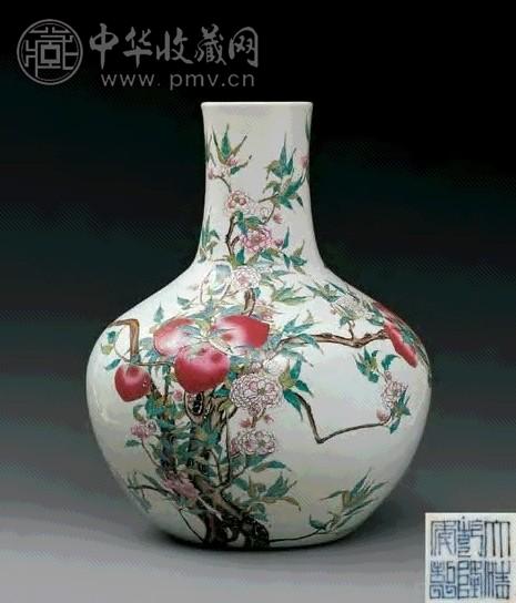 【R7-T03】中国　粉彩九桃天球瓶 景徳鎮 粉彩九桃天球瓶 【一品物】 - 書道用具専門店 西本皆文堂
