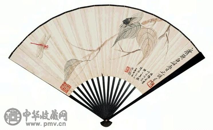 齐白石 贝叶草虫 成扇 设色纸本