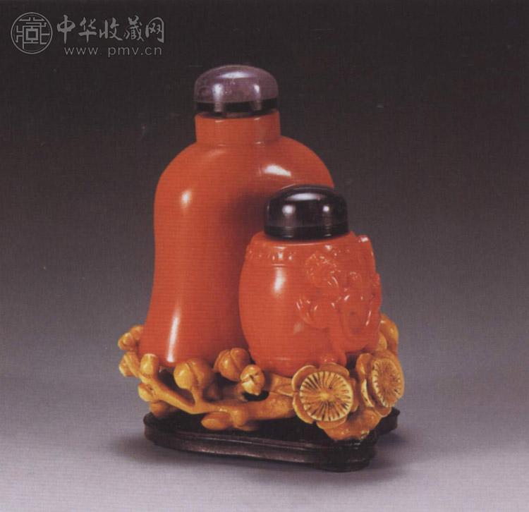 清 珊瑚十全富贵双联鼻烟壶(带牙座)