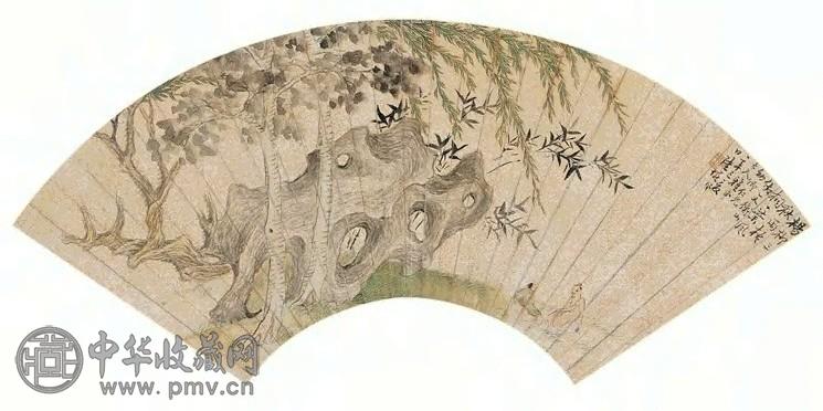 陆恢 1881年作 桐柳秋风 扇面 设色洒金