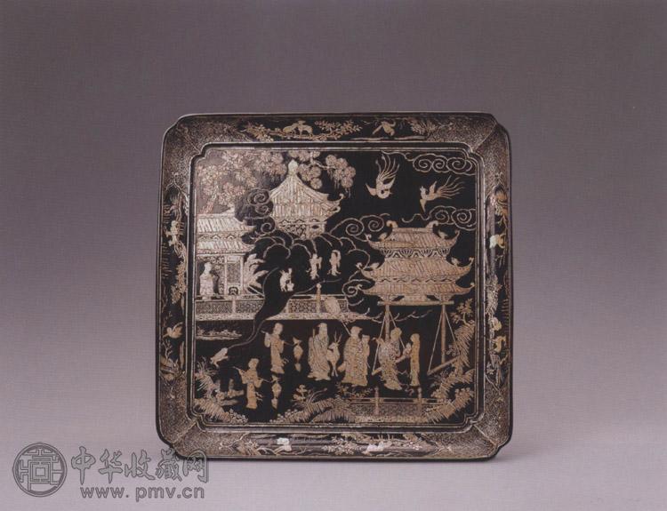 明 黑漆嵌螺钿仙人图盘