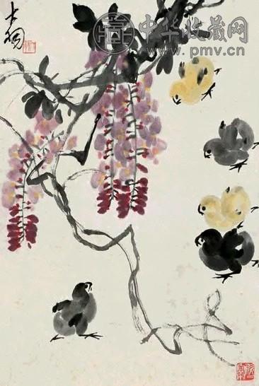 陈大羽 紫藤小鸡图 轴 设色纸本