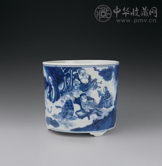清顺治 青花十八罗汉纹三足炉