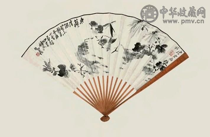 来楚生 小鸡菊石 成扇 水墨纸本