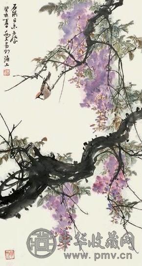 乔木 1983年作 紫藤小鸟 立轴 设色纸本