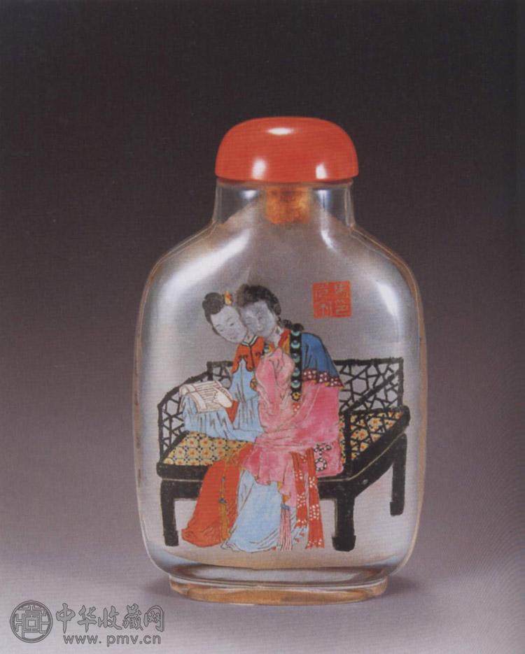 清 水晶内画二乔鼻烟壶