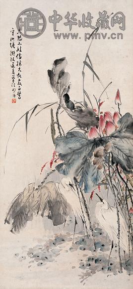 房德 荷塘鹭鸶 立轴 设色纸本