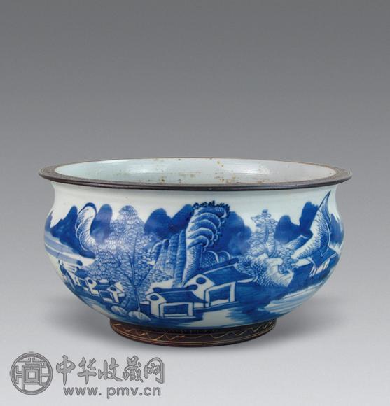清 青花山水人物纹炉