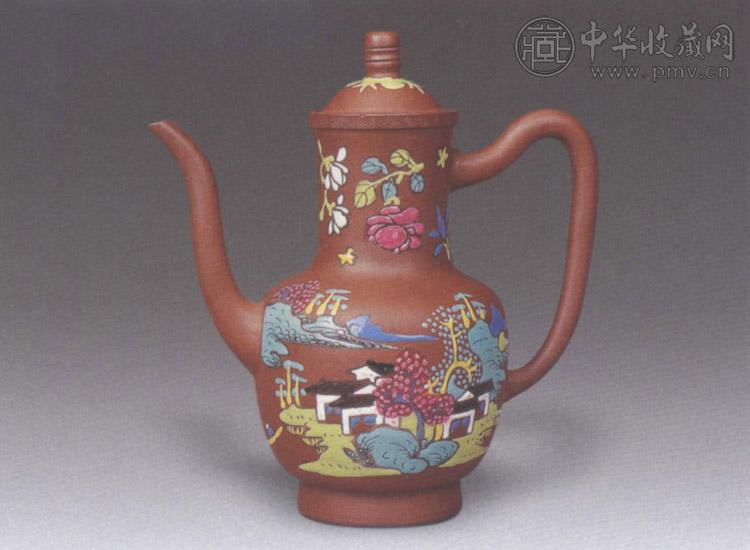 清中期 紫砂加粉彩山水图执壶