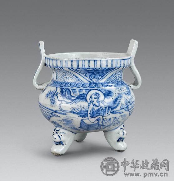 清 青花山水人物纹三足炉