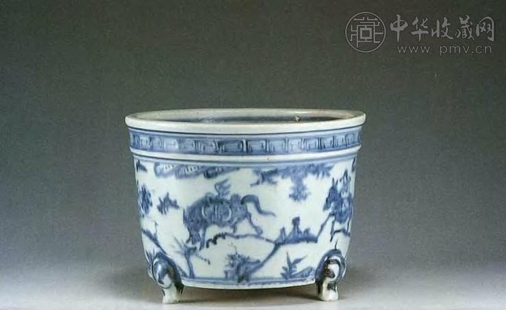 弘治 青花高士游春图三足炉