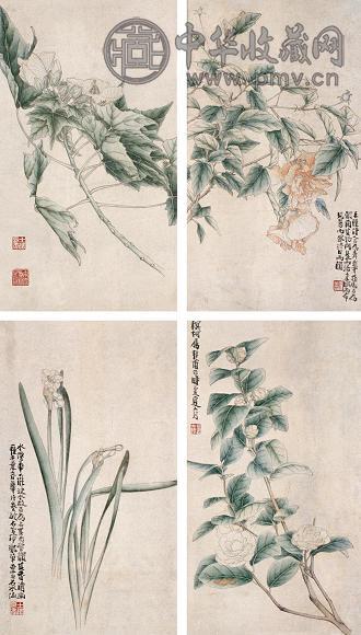 黄士陵 花卉 四屏 设色纸本