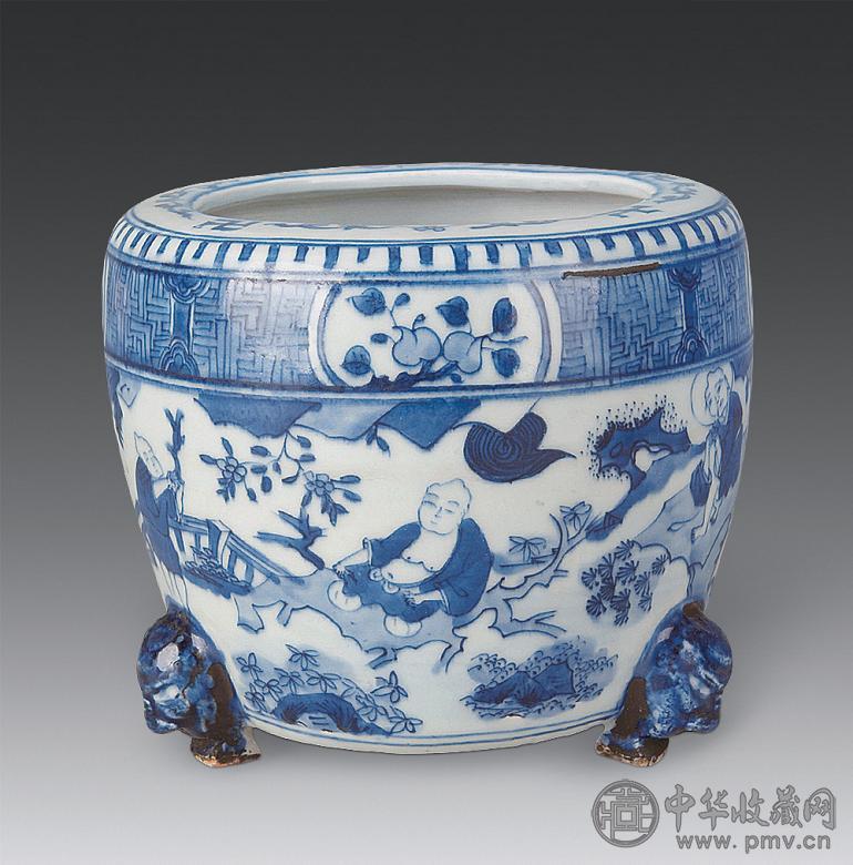明万历 青花人物三足炉