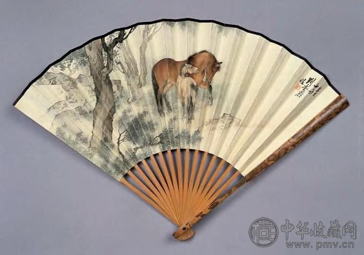 刘奎龄 1941年作 双马图 扇面 设色绢本