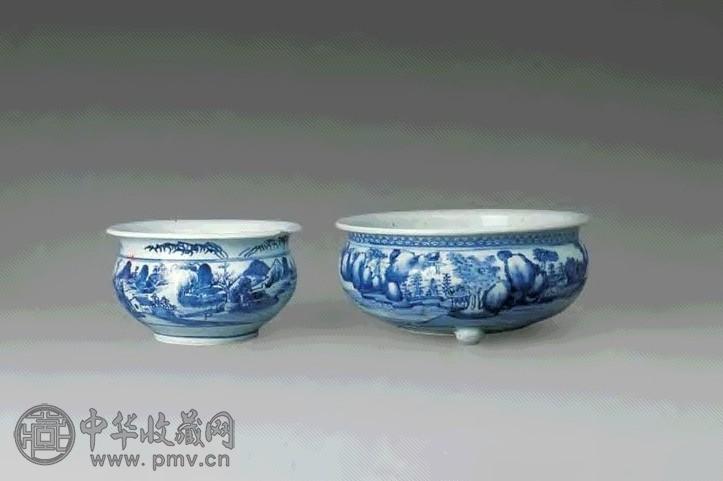 清乾隆 青花山水炉(2件)