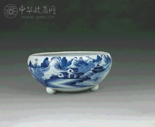 清乾隆 青花山水三足炉