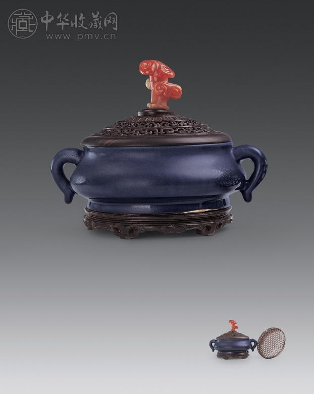 明弘治 茄皮紫釉双蚰耳炉(原套托盖、银盖)