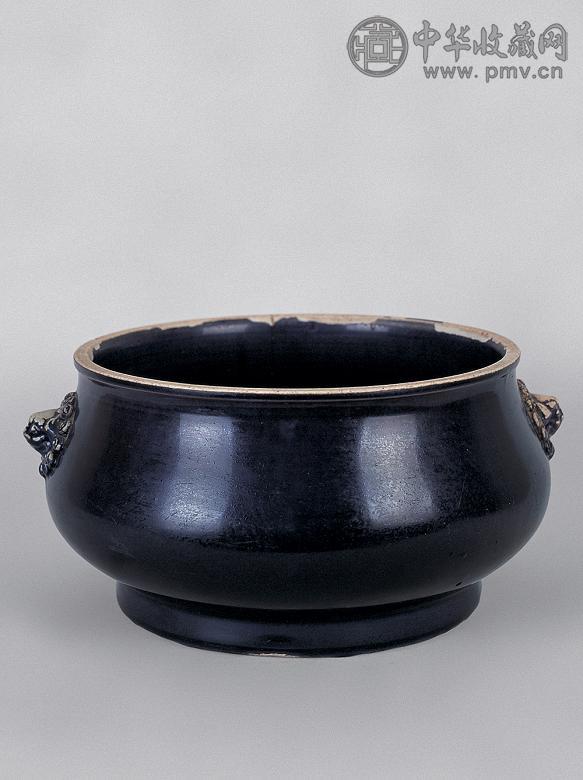 清康熙 茄皮紫釉双兽耳炉