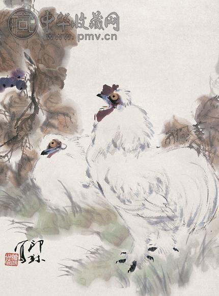 萧朗 双鸡 立轴 设色纸本