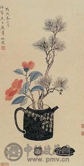 高络园 双清图 轴 纸本设色