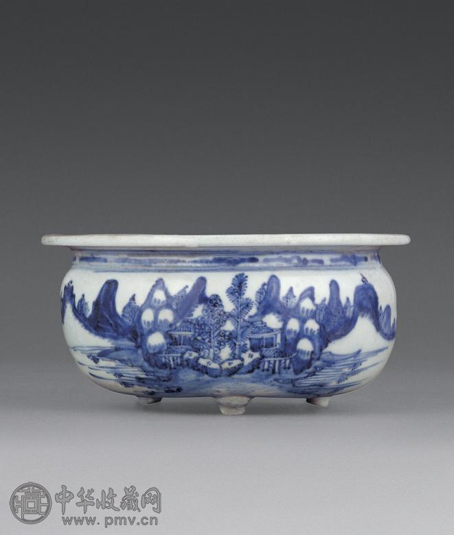 明 青花山水图三足炉