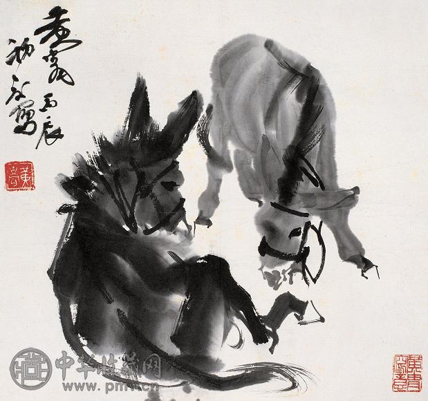 黄冑 1976年作 双驴图 立轴 水墨纸本