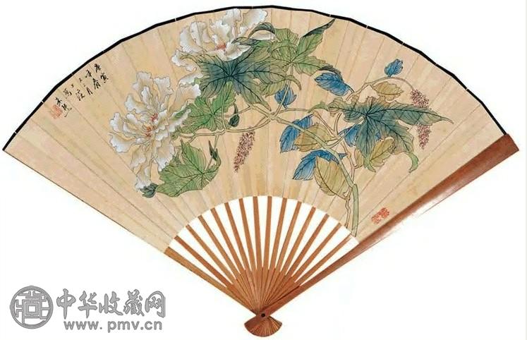 朱熊 1890年 秋葵红蓼 成扇 设色纸本