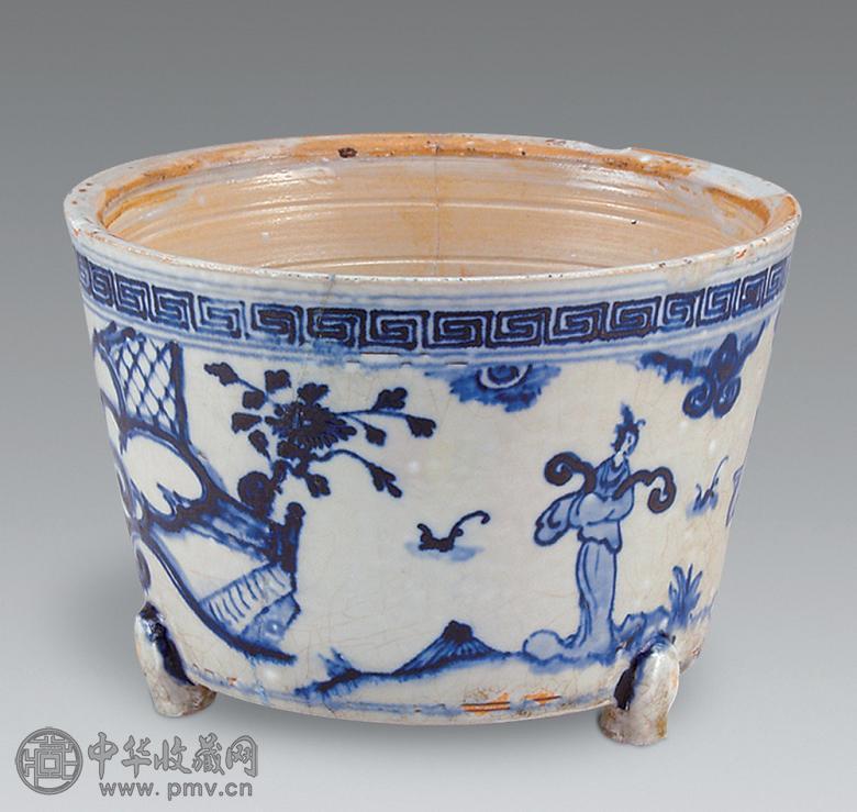 明 青花仕女人物三足炉