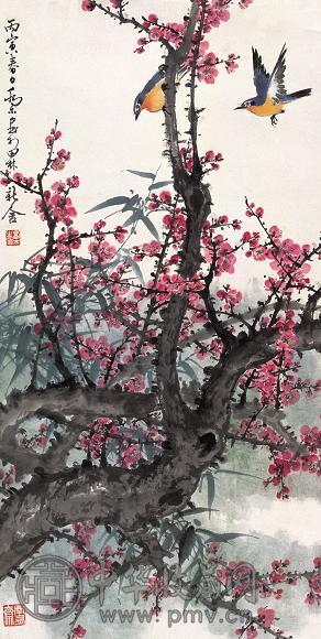 乔木 1986年作 梅花双雀 立轴 设色纸本