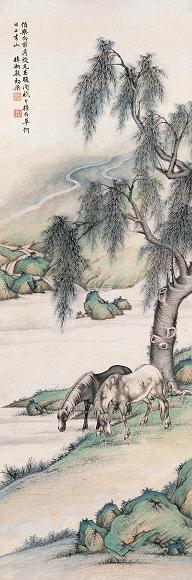 殷梓湘 柳溪天闲 立轴 设色纸本